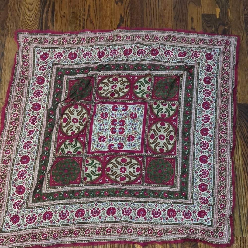 Floral Printed Square Scarf in Pink, Green & Cream